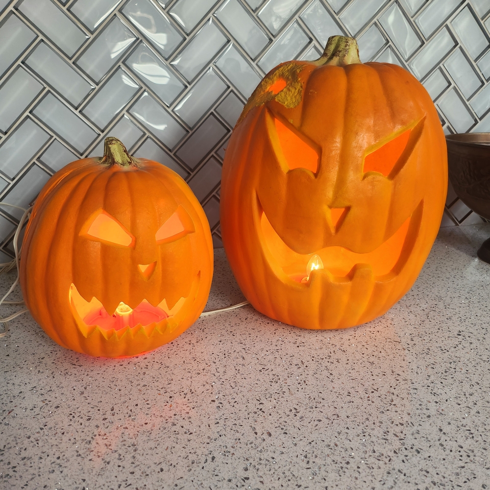 Set of Two Carved Pumpkin Decorations